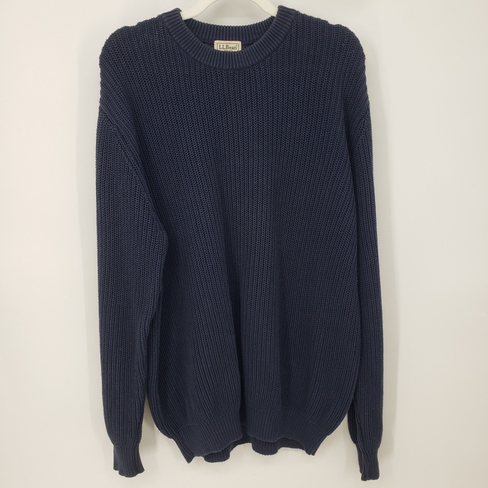 LL Bean Vintage Shaker Stitch 100% Cotton‎ Crewneck Sweater Mens Sz XL Navy Blue